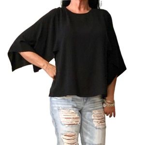 Eileen Fisher Black Silk Georgette Crepe Bell Sleeve Top.